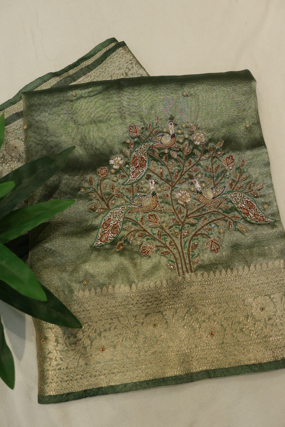 Green - Gold Banarasi Tissue Organza Hand Embroidered Saree With Hand Embroidered Blouse The Banarasee Aura