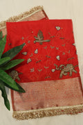 Red Banarasi Kora Silk Hand Embroidered Saree With Hand Embroidered Blouse The Banarasee Aura
