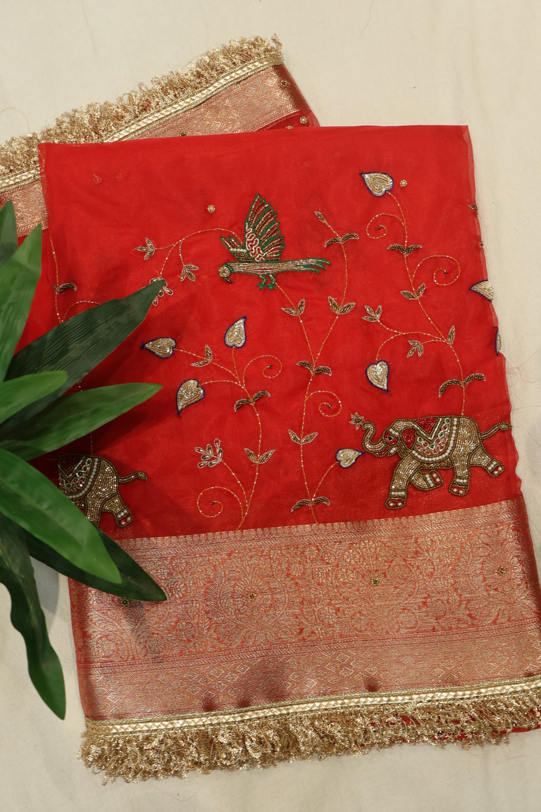 Red Banarasi Kora Silk Hand Embroidered Saree With Hand Embroidered Blouse The Banarasee Aura