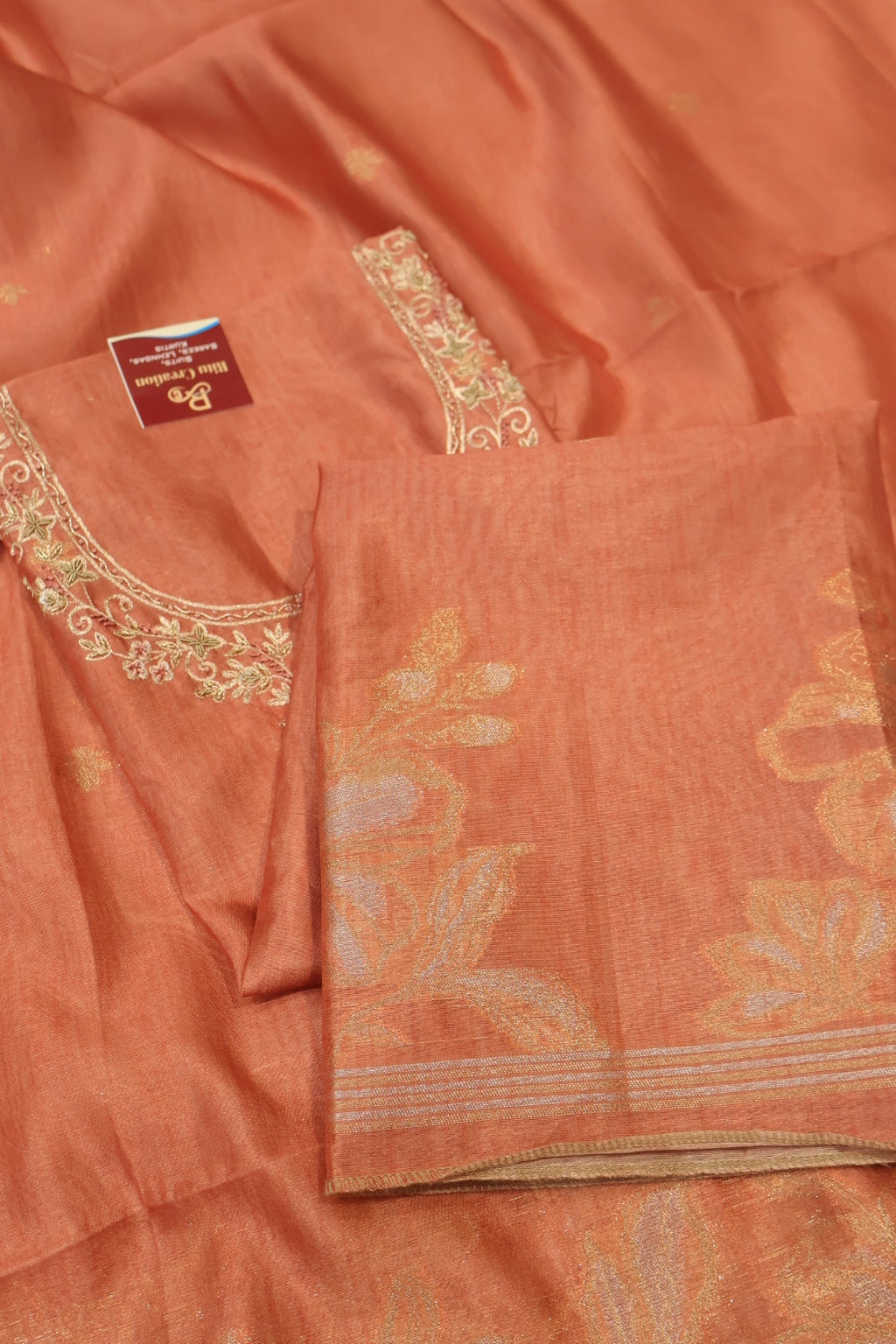 Peach Orange Chanderi Tissue Hand Embroidered Unstitched Suit Set with Chanderi Tissue Sona Roopa Dupatta The Banarasee Aura