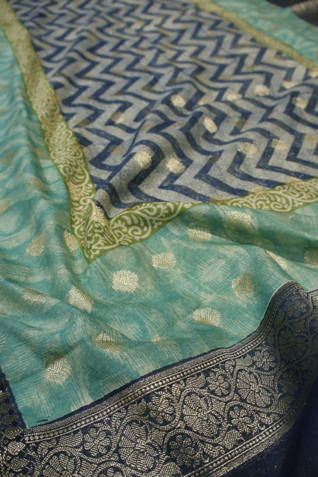 Navy Blue Banarasi Pure Chanderi Silk Hand Blocked and Woven Unstitched Suit Set With Pure Chanderi Silk Hand Blocked Woven Dupatta The Banarasee Aura