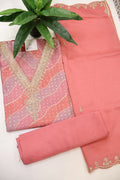 Peach Muslin Lehriya Printed and Embroidered Unstitched Suit Set With Muslin Embroidered Dupatta The Banarasee Aura