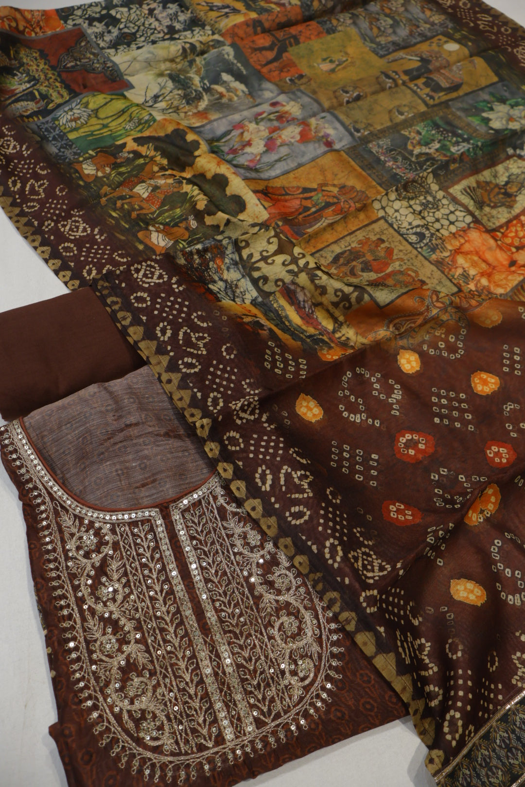 Coffee Brown Chanderi Embroidered Unstitched Suit Set With Chanderi Digital Printed Dupatta The Banarasee Aura