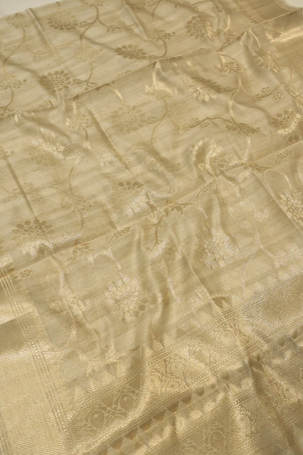 Beige Tussar Silk Hand Embroidered Unstitched Suit Set with Tussar Silk Woven Dupatta The Banarasee Aura