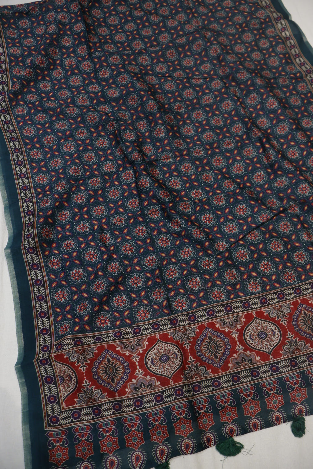 Dark Teal Blue Pure Chanderi Silk Woven Unstitched Suit Set With Pure Chanderi Silk Digital PrintedDupatta The Banarasee Aura