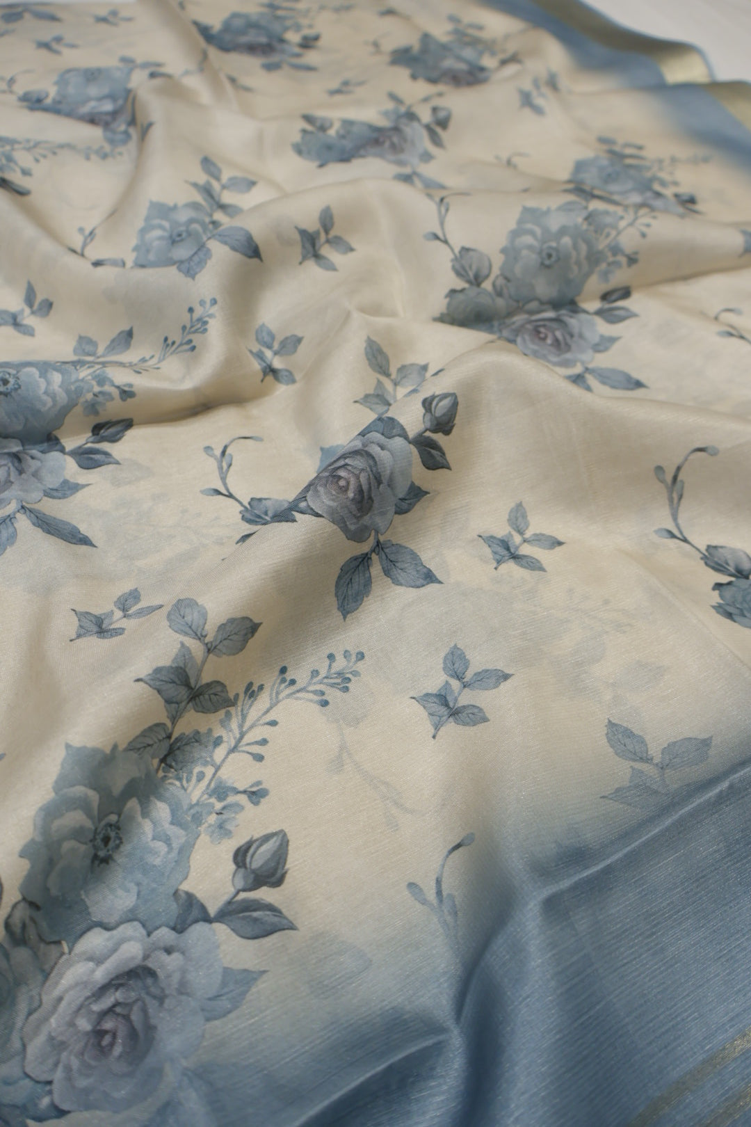 Dusty Steel Blue Embroidered Unstitched Suit Set With Chanderi Digital Printed Dupatta The Banarasee Aura