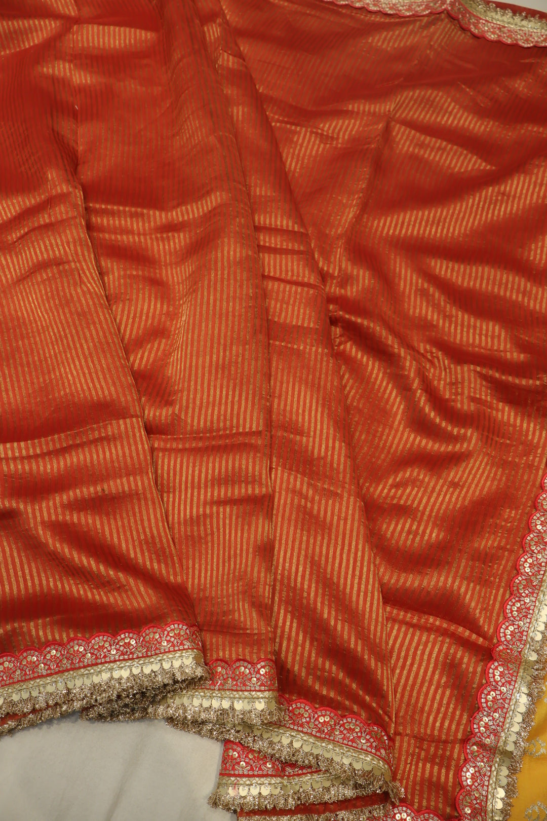 Red Pure Banarasi Tissue Stripes Saree With Contrast Pure Silk Kadhwa Blouse The Banarasee Aura