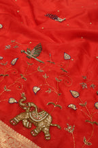Red Banarasi Kora Silk Hand Embroidered Saree With Hand Embroidered Blouse The Banarasee Aura