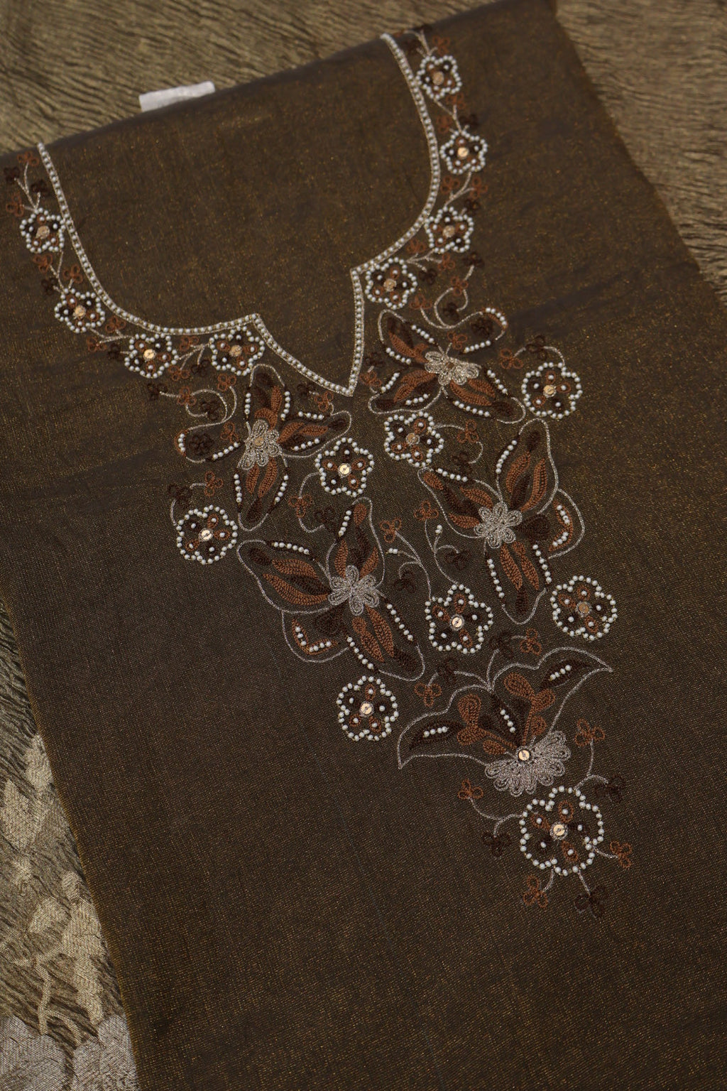 Coffee Brown Banarasi Pure Tissue Silk Hand Embroidered Unstitched Suit Set with Pure Tissue Silk woven Dupatta The Banarasee Aura