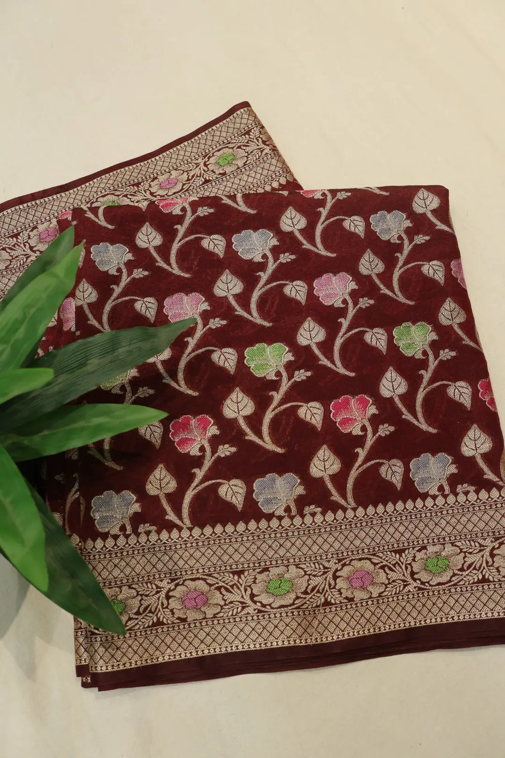 Deep Maroon Russian Silk Banarasi Golden Zari with Tilfi Meenakari Weaved Saree With Blouse The Banarasee Aura