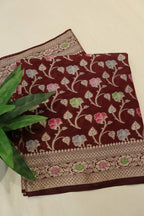 Deep Maroon Russian Silk Banarasi Golden Zari with Tilfi Meenakari Weaved Saree With Blouse The Banarasee Aura