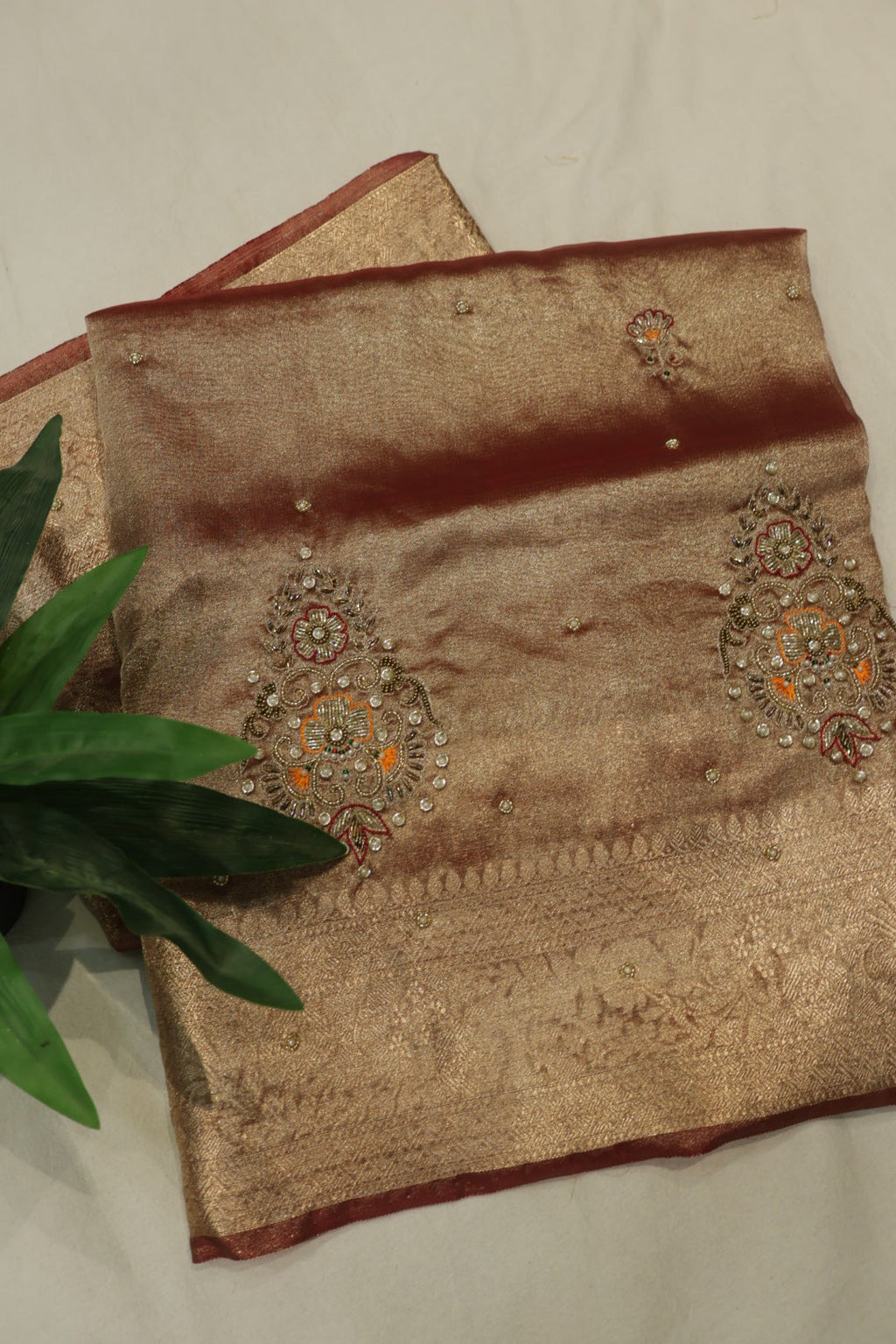 Maroon - Gold Banarasi Tissue Organza Hand Embroidered Saree With Hand Embroidered Blouse The Banarasee Aura