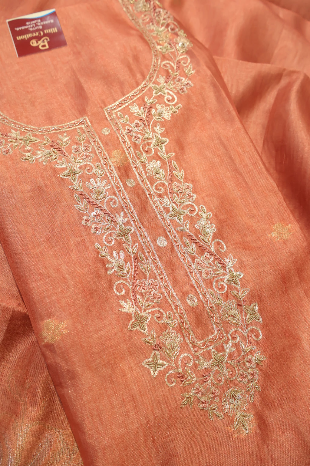 Peach Orange Chanderi Tissue Hand Embroidered Unstitched Suit Set with Chanderi Tissue Sona Roopa Dupatta The Banarasee Aura