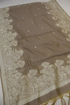 Taupe Brown Banarasi Chanderi Silk Blend Jamdani Woven Unstitched Suit Set With Chanderi Woven Dupatta The Banarasee Aura